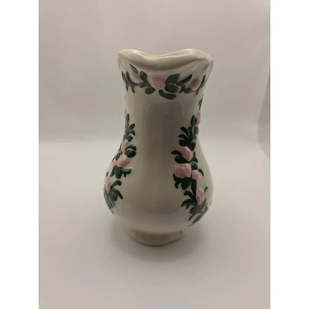 VTG Stoneware Pitcher 1970,  7” Pink Green Hand Painted